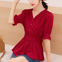 밑단 셔링 허리 잘록 밴딩 2컬러 S-2XL 21jl0151 브이넥 반팔 블라우스