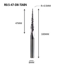스탠다드툴 텅스텐 솔리드 카바이드 엔드 밀 4mm 6mm 8mm 볼 노즈 테이퍼 엔드 밀 라우터 비트 CNC 테이퍼 목재 금속 밀링 공업용 다목적 얇은 긴 짧은, R0.5-47-D8-TiAlN