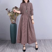 여성 린넨 원피스 빅사이즈 a라인 체크 오버핏 캐주얼 여자 봄 가을 긴팔 롱원피스 linen dress women JX0225