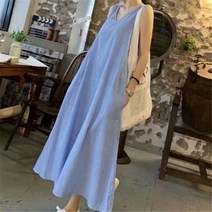 여름 휴가 원피스 파란색과 흰색 세로 줄무늬 민소매 드레스 여성 v-넥 플러스 사이즈 긴 모시와 발목 조끼 스커트