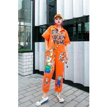여성 골프점프수트 데님 만화프린팅 반팔 와이드 오버롤 점프슈트
