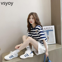 vsyoy 작은 패션 슈트 스트라이프 반팔 티셔츠 높은 허리 반바지 여성 조류의 투피스 2023 여름 새 한국어 버전