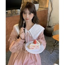 레이스 카라 리본 핑크 예쁜 긴팔 롱 면 주수 원피스 수입 빅사이즈 오버핏 루즈핏 SY