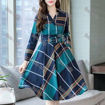 lime twig 여성 하프 긴팔 체크 원피스 봄가을 여성복 허리 여밈 슬림 빈티지 롱스커트 NO.568