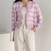 뜨개진 여성용 로지 스트라이프 펀칭 라운드 가디건