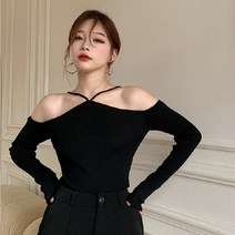 하트넥니트 초커니트 걸그룹 컷아웃 사선 보트넥 댄서 니트 여성용 오프 숄더 스웨터 슬림