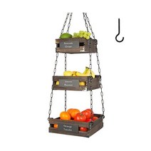 J JACKCUBE DESIGN 3단 소박한 나무 걸이식 과일 바구니 주방 과일 채소 보관 정리함 조리대 공간 절약 - 튼튼한 금속 후크 - MK1008A