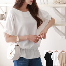 [프롬제니] 달리 밑단 셔링 소매 주름 가오리 블라우스 라운드 여름 쉬폰 하늘하늘한 반팔 화이트 베이지 블랙 여성 빅사이즈 벌룬 퍼프 스모크 시폰 핀턱 흰색 검정