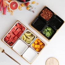 트래블앤쿡 낮은 사각 분할 디저트 나눔접시 소스 반찬 그릇 세라믹 미니 서빙접시 우드트레이 세트 10종, 01 사각로우그리드플레터_정1+직1, 블랙