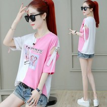 SJW 여름 배색 반팔 티셔츠 라운드 스트랩 어깨트임 루즈핏 프린팅티 여성 상의 빅사이즈