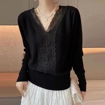 채윤러브 chaeyoon love 여성 슬림핏 레이스라인 브이넥 울니트