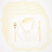 Bryonia 면 리넨 플레이스 매트 4개 세트 이중 레이어 세탁기 사용 가능 주름 방지 스캘럽 및 자수 천 디너 테이블 48 3 x 43 2cm(19 17인치) 아이보리 골드 미