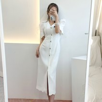 비니케이즈 셀프웨딩 결혼식 브라이덜샤워 상견례 피로연 물결 브이넥 퍼프 진주 맥시롱 원피스 고퀄리티