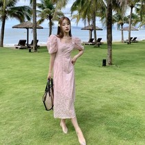하늘하늘 핑크 반팔 퍼프 소매 사쿠라 벚꽃 실크 롱 원피스 a3