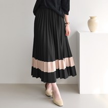 데일리앤 셀브 배색 플리츠 밴딩 롱스커트