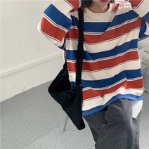 여성 스트라이프 긴팔 맨투맨 일본 복고 스타일 보이프렌드 룩 가을 얇은 티셔츠 빈티지