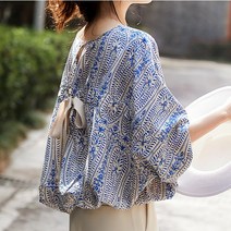 백오픈 리본포인트 프린팅 블라우스79412D
