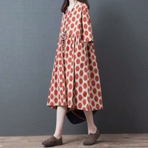 마원피스 뚱뚱한 빅사이즈 와이드 루즈핏 이지 반팔 도트 여성 여름 단아한 하프기장 린넨 737369226