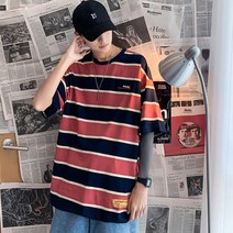 라운드넥 반팔 티셔츠 오버핏 남성 박스핏 스트라이프 라운드티