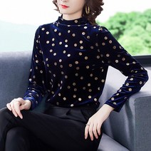 에블 대박걸 땡땡 도트 무늬 패턴 반폴라 벨벳 긴팔 여성 겨울 블라우스 M-4XL