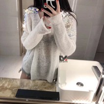 푸아이 여성 봄 가을 브이넥 얇은 블링블링 스팽글 니트 티셔츠 긴팔 캐주얼 스웨터 LP033