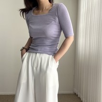 에이치스 쫀쫀 슬림핏 활용도좋은 스퀘어넥 무지 반팔티셔츠