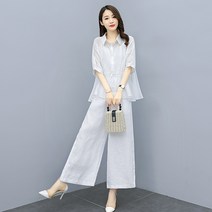 여성 여름 투피스 얇은 편한 반팔 셔츠 코튼린넨 와일드팬츠 세트