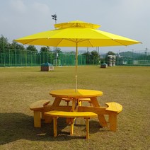 대성하우징(주) 야외테이블 원목 원형테이블 야외용 테이블 파라솔 고정대 세트, 연녹색+파라솔노랑+고정대