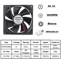 산업용 배풍기 송풍기 공업용 환풍기 1 조각 92mm 9225 92x92x25mm 냉각 팬 5v12v24v dc 브러시리스 90mm 냉각 쿨러 팬 pc 노트북 컴퓨터 케이스, 5v 오일 xh2.54