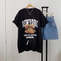 상상그이상 여성용 국내제작 뉴욕곰 반팔 티셔츠 빅사이즈 전사나염 포인트 힙 가려주는 오버핏 티셔츠 하의실종 귀여운 여자티 트윈룩
