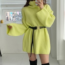 도레미 루즈핏 형광색 여리 도톰 캐주얼 니트 터틀넥 폴라 미니 원피스 티셔츠