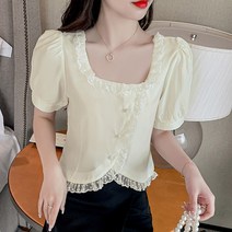 이노뱅크 레이스 스퀘어넥 퍼프소매 블라우스 INO327A