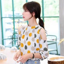 뉴욕멋쟁이 국내배송 루미 도트 어깨트임 블라우스 땡땡이 7부 스탠드넥