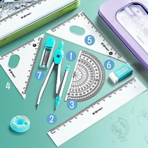 파란색 나침반 눈금자 학습 도구 수학 그리기 세트 학생용 7 피스, 01 7pcs, 01 7PCs