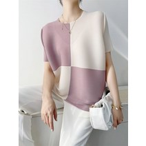 플리츠 반팔 네모 배색 블라우스 라운드넥 셔츠