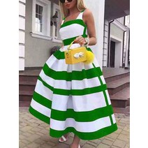 여성용 오프숄더 롱 파티 드레스 스트라이프 프린트 민소매 세련된 A 라인 서스펜더 비치 여름 패션, 04 Green+M