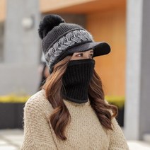 꽈배기 겨울 여성 골프 털 모자 니트 캡 여자 연습복장 넥워머 세트 귀도리 이어워머, 블랙 모자 넥워머