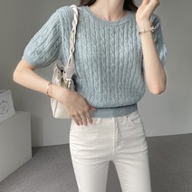 바이단미 여성용 꽈배기 캐시미어 울 케이블 반팔 니트