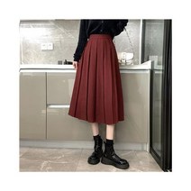 플리티드 미디 스커트 여성 레드 솔리드 우아한 미니멀리스트 캐주얼 달콤하고 귀여운 프레피 한국 패션 대학 가을 하라주쿠