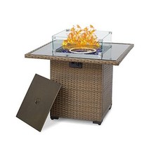 kinbor 32인치 화덕 테이블 야외 프로판 가스 화덕 테이블 블루 스톤 윈드 가드 레인 커버 및 검정색 강화 유리 사각형 탁상이 있는 파티오 화덕 고리버들 테이블 50, 브라운 32