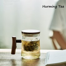 허밍티 찻잔 원목 내열 유리컵 티팟 홈카페컵 티머그, 티머그 옵션B (티머그+라탄 받침대+청소솔)