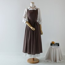 S2하우스 원피스형 앞치마 어린이집 프릴 롱 린넨 바리스타 장금이, 브라운