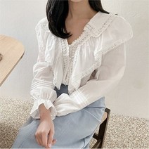 루즈핏 레이스 프릴 빅 카라넥 셔링 퍼프 단추 블라우스