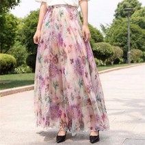 플라워 밴딩 여자 주름 롱 꽃무늬 스커트 여름 옐로우핑크 꽃 a라인 맥시 쉬폰 데이지 패치 워크 밝은 비치 캐주얼