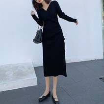 넷투넷코리아 여성 브이넥 미디원피스 니트 H라인 기본 데일리룩