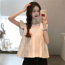 퐁순싸롱 스퀘어넥 프릴 민소매 나시 A라인 면 블라우스 SY