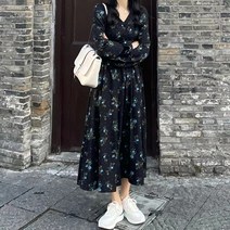 라라벨 여성용 원피스 페리 플라워 프린팅 프릴 스트랩 리본 로맨틱 롱원피스