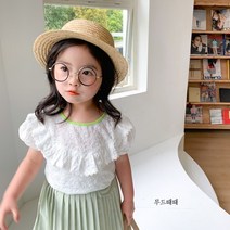 무드때때 유아 아동 여아 여름 자수 레이스 퍼프 프릴 면 블라우스 티셔츠