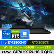 [사은품 증정!] MSI GP76 HX 12UHS-i7 QHD 고사양 배그 롤 로아 발로란트 에이펙스 오버워치 17인치 게이밍 노트북 (코어i7-12800HX/RTX3080Ti), 윈도우 포함, 64GB, 3TB, 코어i7, 블랙