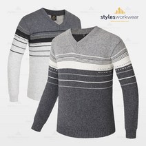 스타일에스 남자 가을 겨울 스웨터 단가라 배색 울 니트 브이넥